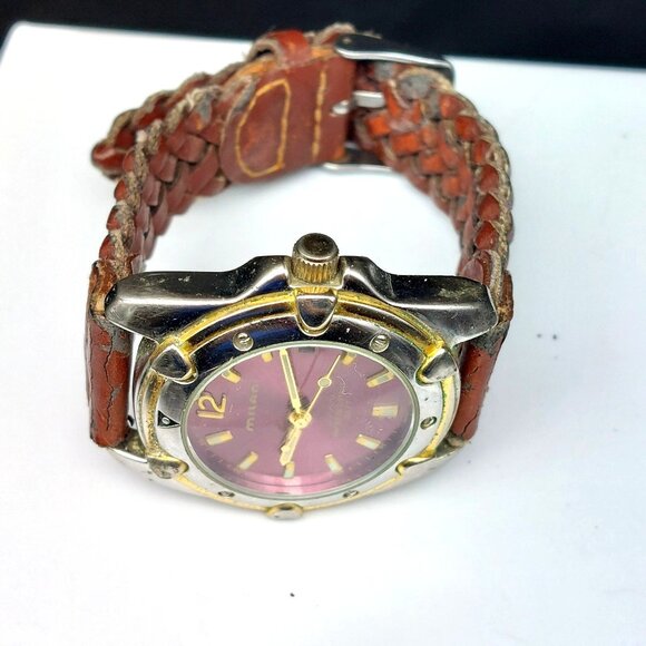 Milan Mens Date Wristwatch With Pink Dial & Woven Brown Leather Strap - Picture 5 of 8